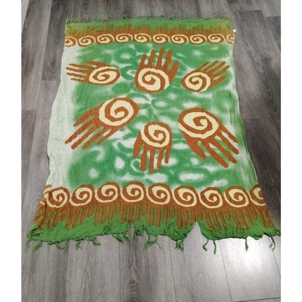 Batik Cotton Scarf Green Brown Boho Wrap Lightweight Beach Shawl India